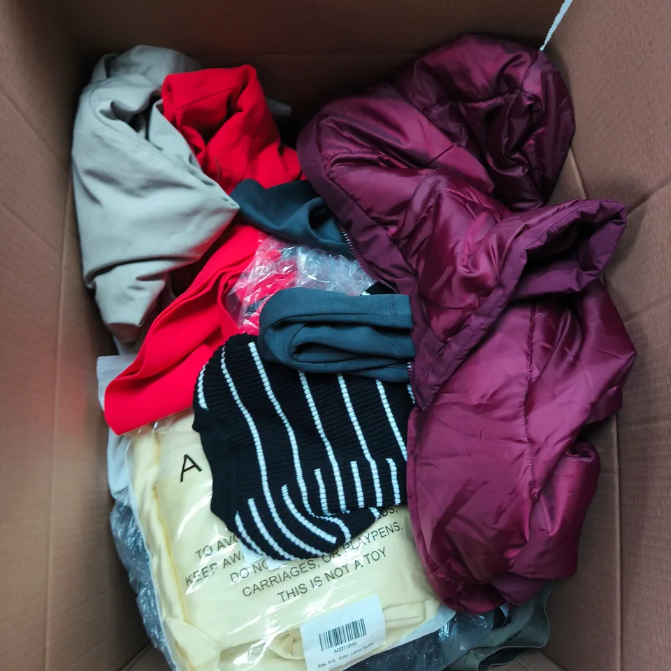 LARGE BOX OF APPROXIMATELY 25 ASSORTED CLOTHING ITEMS IN VARIOUS COLOURS, STYLES AND SIZES - COLLECTION ONLY