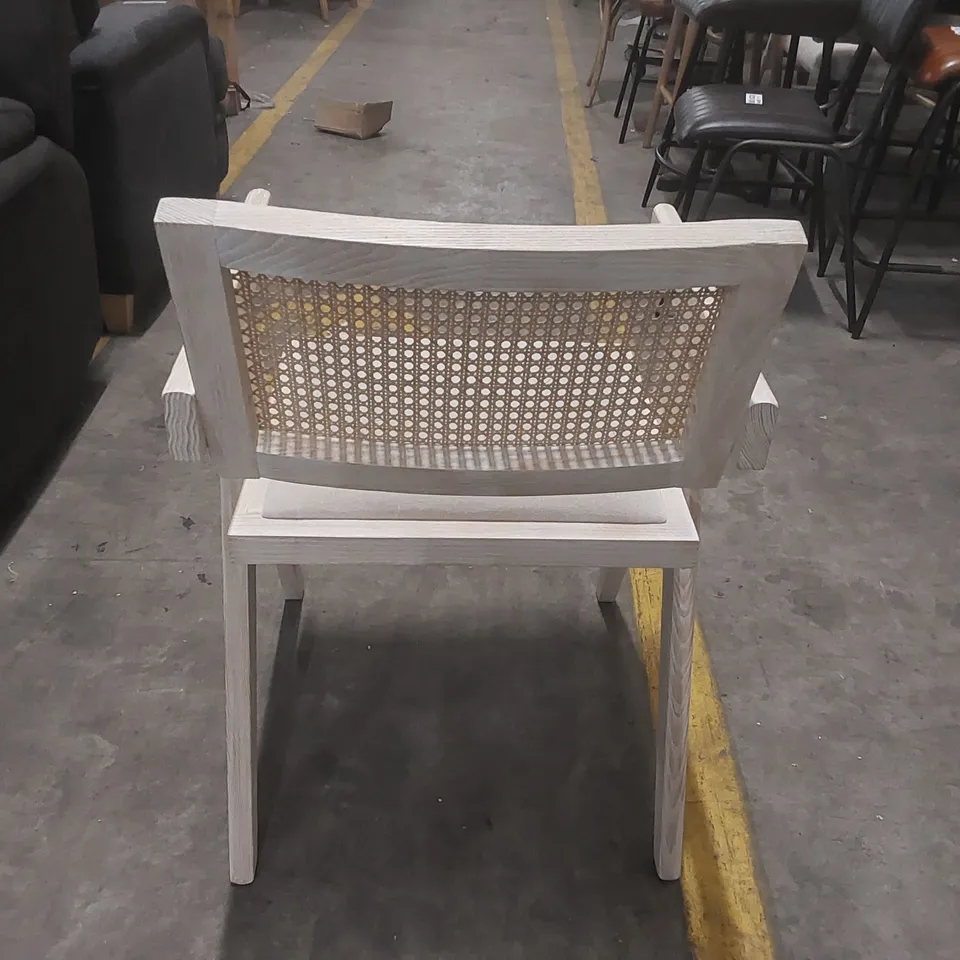 DESIGNER SOLID WOOD DINING CHAIR WITH RATTAN BACK AND PADDED SEAT