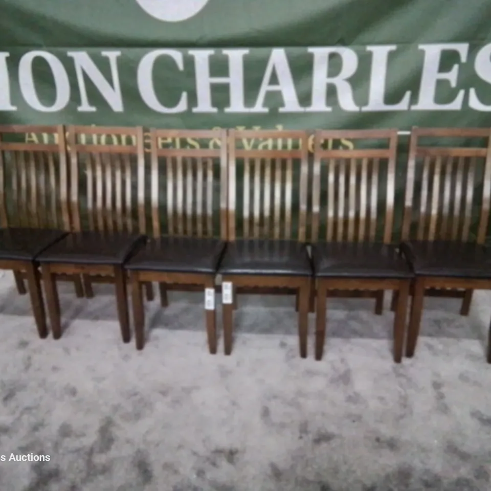 SET OF SIX DARK WOOD DINING CHAIRS BLACK SEAT PADS