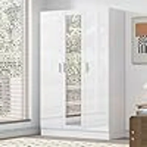 BOXED REFLECT 3 DOOR MIRRORED WARDROBE, WHITE GLOSS & MATT WHITE, H: 180CM X W: 113CM X D: 47CM (2 BOXES)
