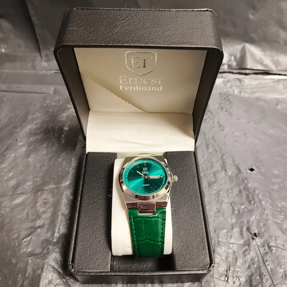 MENS ERNEST FERDINAND WATCH – DAY DATE CALENDAR DIAL – LEATHER STRAP