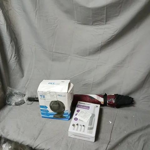 OXYCOOL DESK FAN IN BOX + HOMEMART PORTABLE ELECTRIC SCRUBBER – BOXED MIXED HOME GADGETS (WHOLESALE LOT) BOX OF APPROXIMATELY 20 SPARES AND REPAIRS DAMAGED ITEMS.