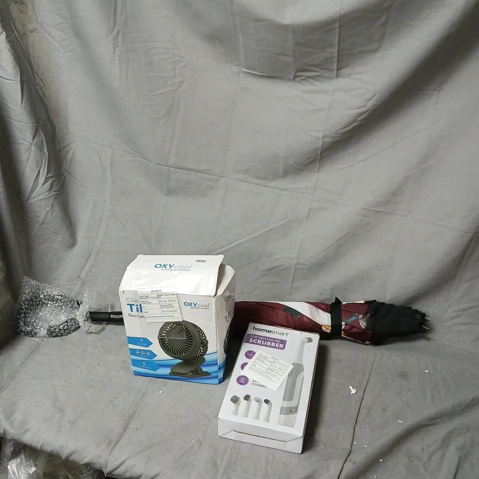 OXYCOOL DESK FAN IN BOX + HOMEMART PORTABLE ELECTRIC SCRUBBER – BOXED MIXED HOME GADGETS (WHOLESALE LOT) BOX OF APPROXIMATELY 20 SPARES AND REPAIRS DAMAGED ITEMS.