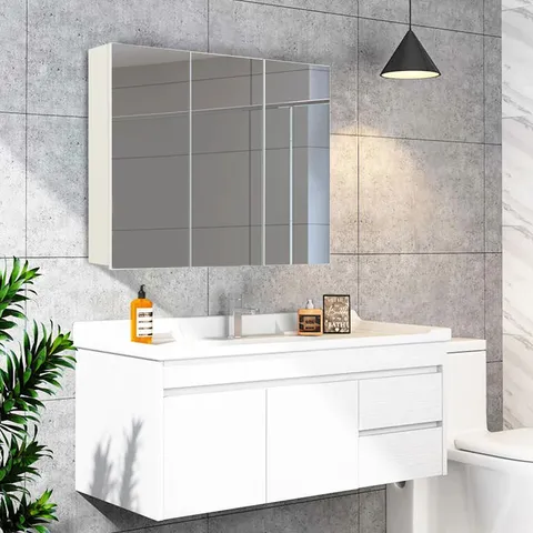 A BOXED 3 DOOR MIRRORED CABINET IN WHITE