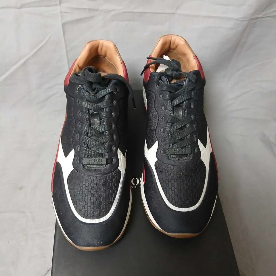 HUGO BOSS SNEAKERS – BLACK WITH WHITE TRIM AND BURGUNDY ACCENTS, MEN'S EU40 (UK6 / US7) 