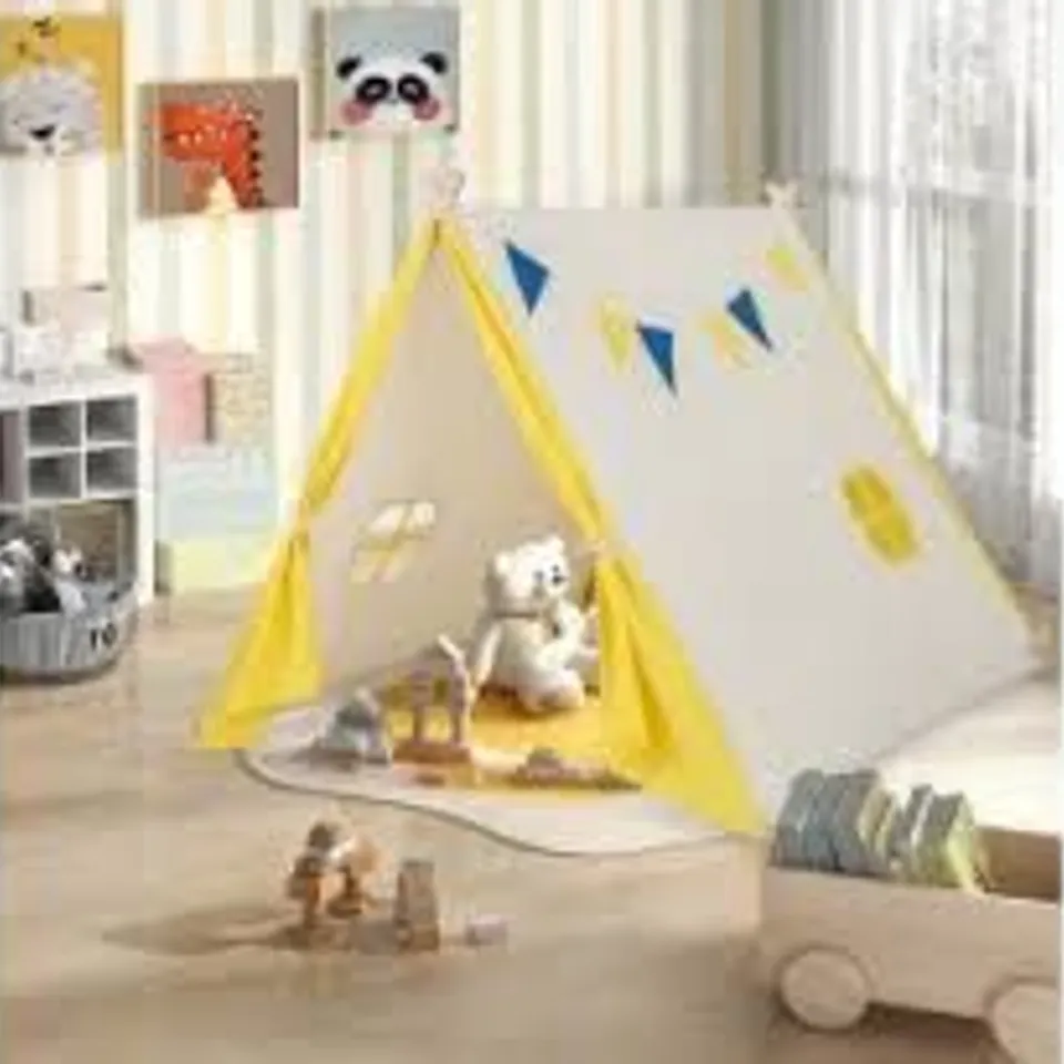 BOXED KIDS LARGE TRIANGULAR PLAYHOUSE TENT WITH SELECTED PINE WOOD MATERIAL-YELLOW