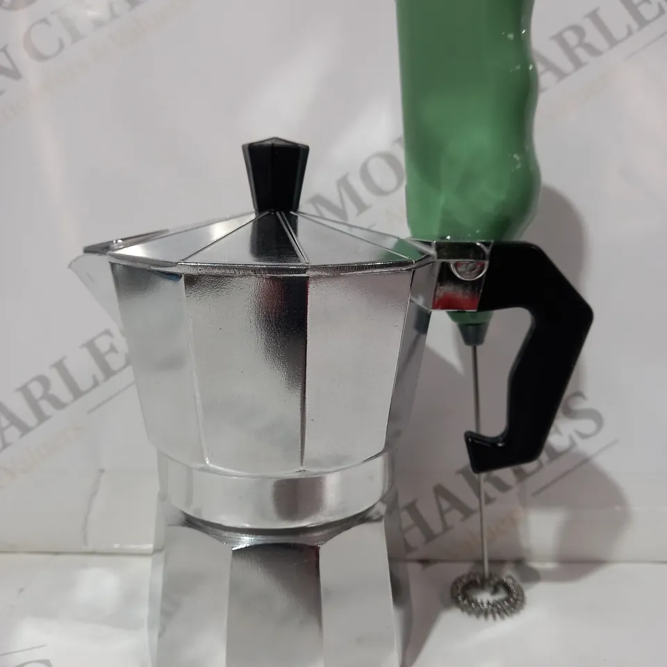 BOXED UNBRANDED COFFEE POT & MILK FROTHER TOOL