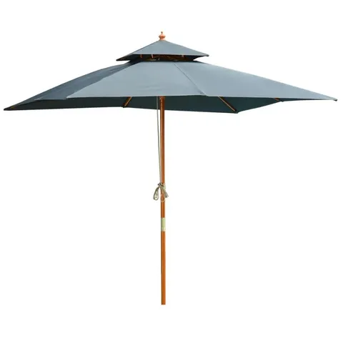 BOXED OUTSUNNY 3 X 3 METRE PATIO PARASOL GARDEN UMBRELLAS SUNSHADE OUTDOOR WOODEN PARASOL CANOPY DOUBLE TIER, DARK GREY, BASE NOT INCLUDED (1 BOX)
