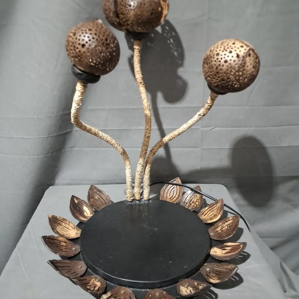 WOOD AND JUTE 3-LAMP 50CM COCONUT TREE TABLE LAMP WITH TRAY BASE