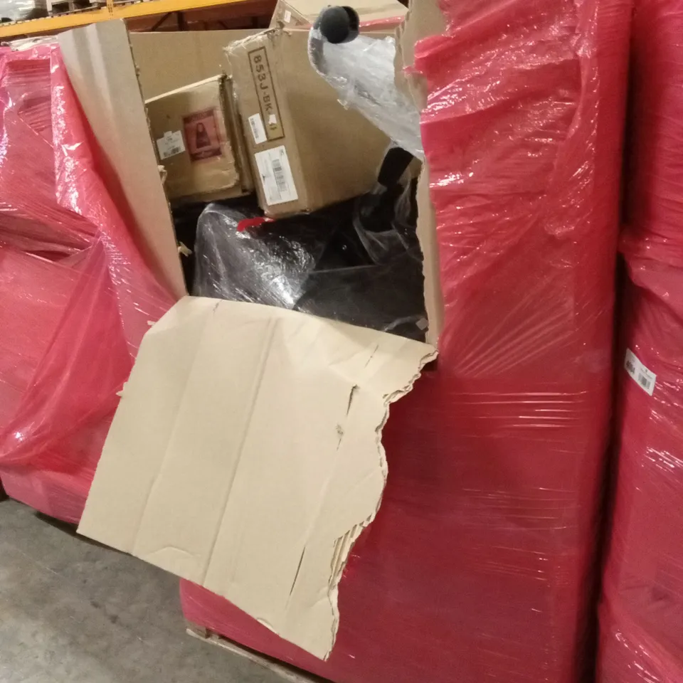 PALLET OF ASSORTED HOUSEHOLD GOODS AND PRODUCTS TO INCLUDE; OFFICE CHAIR, BED FRAME, BOXED FLAT PACK FURNITURE ETC