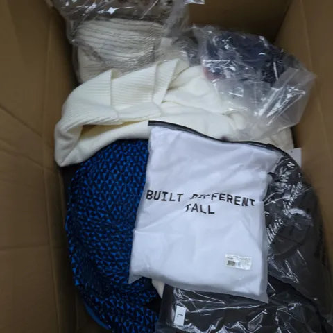 LARGE BOX OF ASSORTED CLOTHING ITEMS IN VARIOUS SIZES, STYLES AND COLOUR 