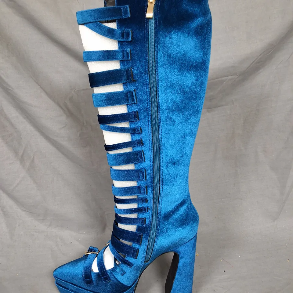 BOXED KOI CYBERSPACE CELESTIAL LONG BOOTS IN BLUE - UK 6