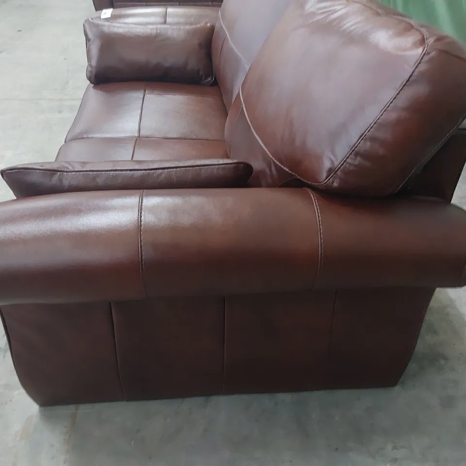 DESIGNER  TWO SEATER SOFA CHESTNUT LEATHER WITH BOLSTER CUSHIONS 