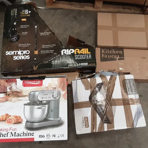 PALLET OF ASSORTED PRODUCTS INCLUDING RIPRAIL SCOOTER, KITCHEN FAUCET ELEGANT LIFE STAND MIXER, OLARHIKE DOUBLE HIGH AIR MATTRESS, INVENTOR, BECKO US
