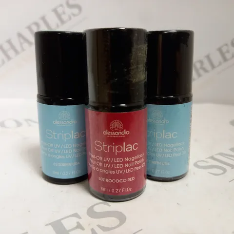 BOX OF APPROX 50 X 8ML ASSORTED ALESSANDRO STRIPLAC PEEL-OFF UV LED NAIL POLISH #507 ROCOCO RED & #62 SURFIN USA