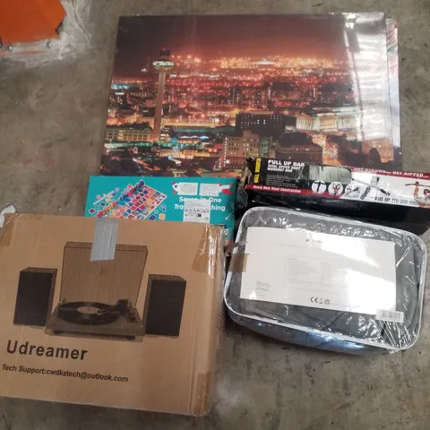 PALLET CONTAINING ASSORTED PRODUCTS INCLUDING TURNTABLE SYSTEM, ELECTRIC HEATING BLANKET, PULL UP BAR, WOODEN PUZZLE & STRETCHED CANVAS PRINT
