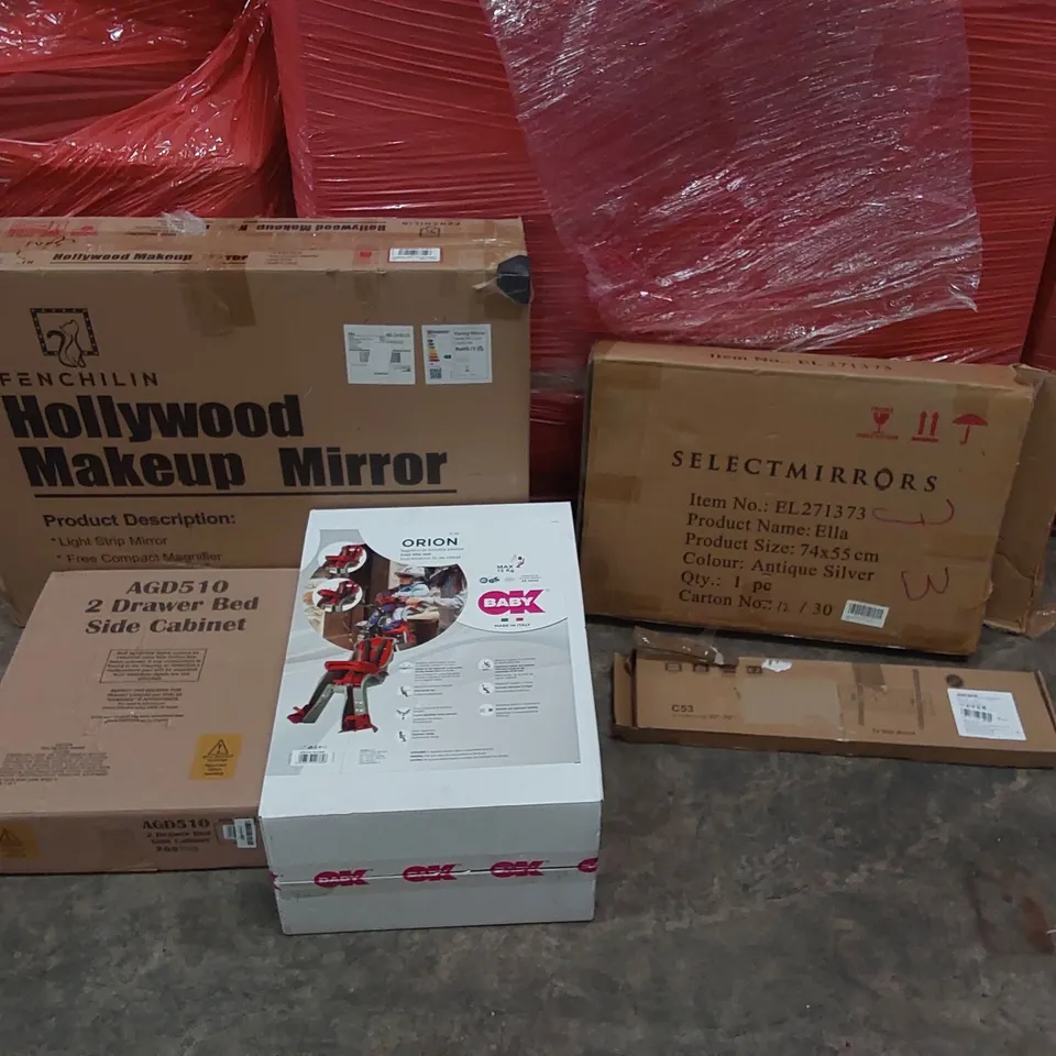 PALLET OF ASSORTED CONSUMER PRODUCTS TO INCLUDE: HOLLYWOOD MAKEUP MIRROR, ORION KIDS BIKE SEAT, MIRROR, BED SIDE CABINET, TV WALL MOUNT ECT