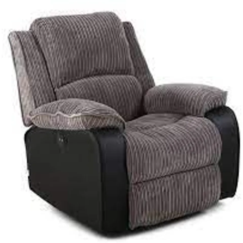 BOXED DESIGNER POSTANA GREY JUMBO CHORD & FAUX LEATHER POWER RISE & RECLINING EASY CHAIR ONE BOX OF TWO ONLY