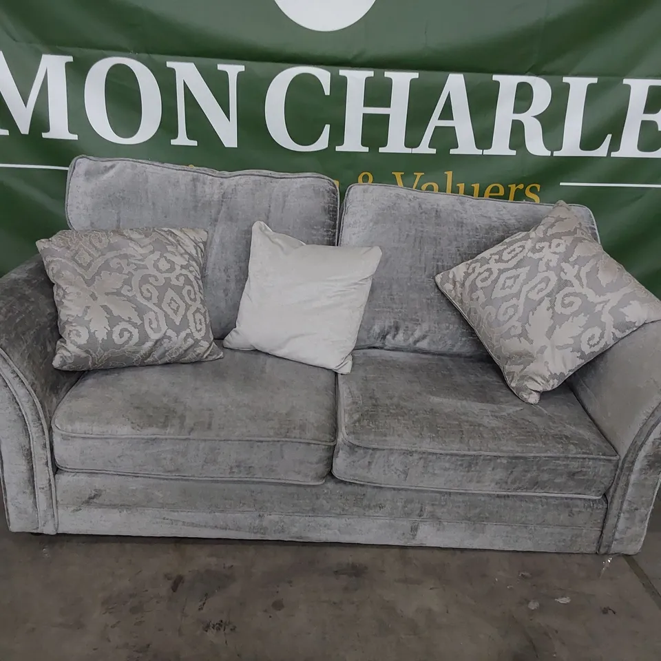 DESIGNER THREE SEATER SCROLL ARM SOFA SILVER FABRIC 