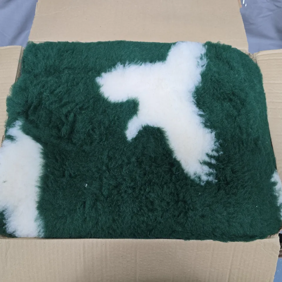 GREEN SHAGGY RUG WITH WHITE ABSTRACT PATTERN