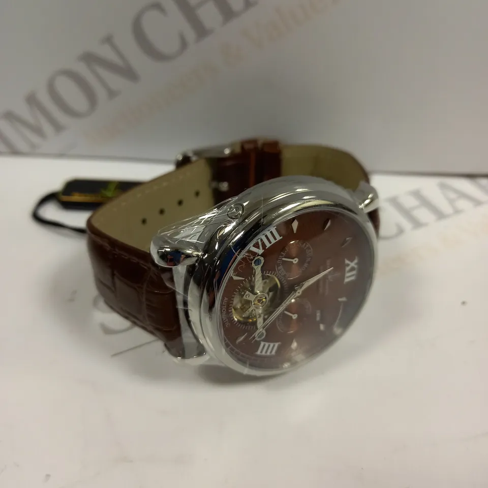BOXED SAMUEL JOSEPH AUTOMATIC STEEL BROWN WATCH WITH LEATHER STRAP