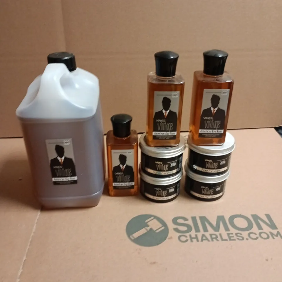 BOX OF APPROXIMATELY 8 VINES VINTAGE HAIRCARE PRODUCTS TO INCLUDE SHAVE CREAM, FIBER POMADE AND HAIR AND SCALP TONIC 
