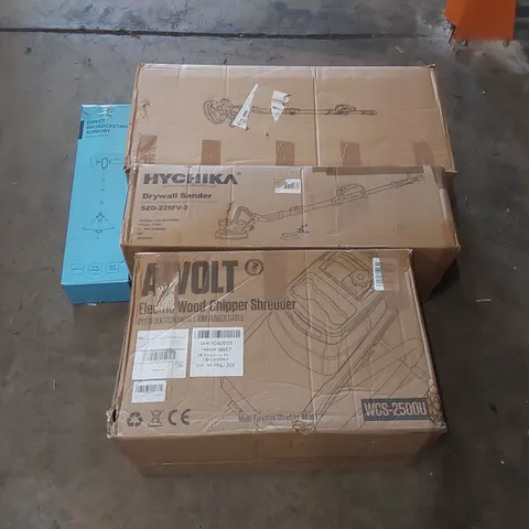 PALLET OF ASSORTED ITEMS INCLUDING: ELECTRIC WOOD CHIPPER,  DRYWALL SANDER, TRIPOD ECT