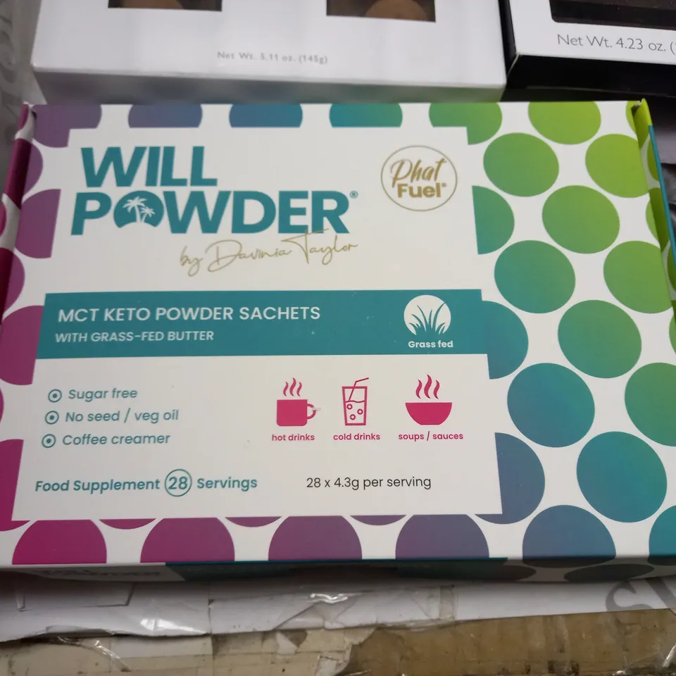 LOT OF 13 ASSORTED FOOD ITEMS TO INCLUDE HOTEL CHOCOLAT CHOCOLATE AND WILL POWDER KETO POWDER