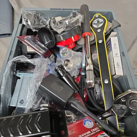 box of assorted car items to include - tools - seat belt - car play adapter 