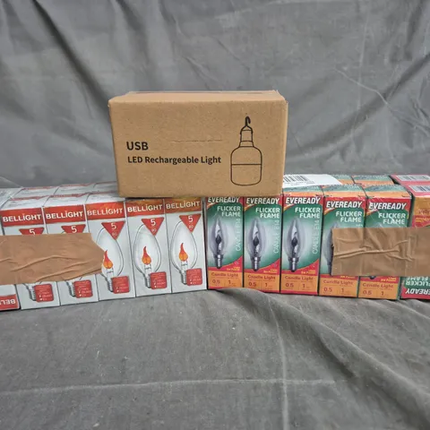 TOTE OF APPROXIMATELY 10 ASSORTED LIGHT BULBS TO INCLUDE BELLIGHT, EVEREADY AND A RECHARGEABLE LED LIGHT
