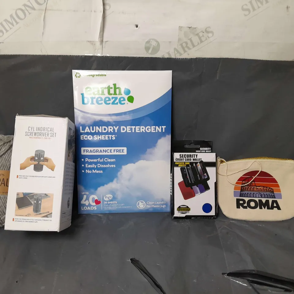 BOX OF APPROXIMATELY 12 ASSORTED ITEMS TO INCLUDE - ROMA MINI ZIP BAG , EARTH BREEZE LAUNDRY DETERGENT , SECURITY WALLET ETC