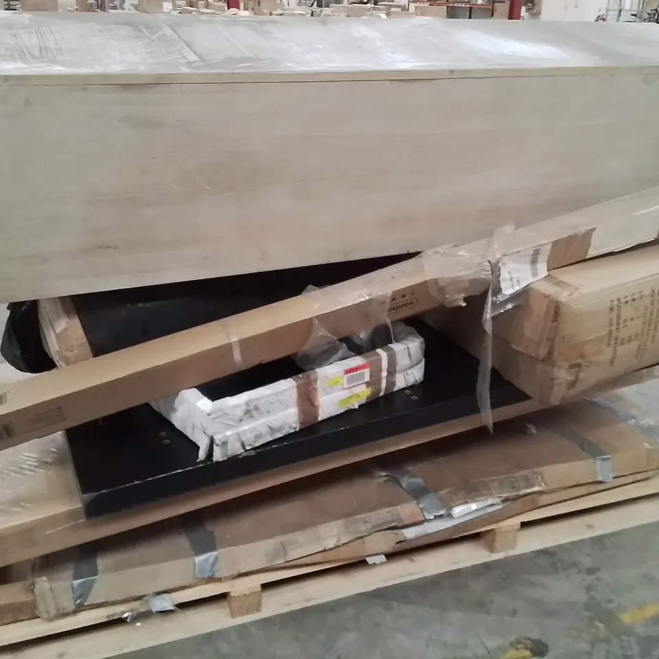 PALLET CONTAINING VARIOUS INCOMPLETE BOXED FURNITURE PARTS AND OTHER HOUSEHOLD ITEMS ETC.