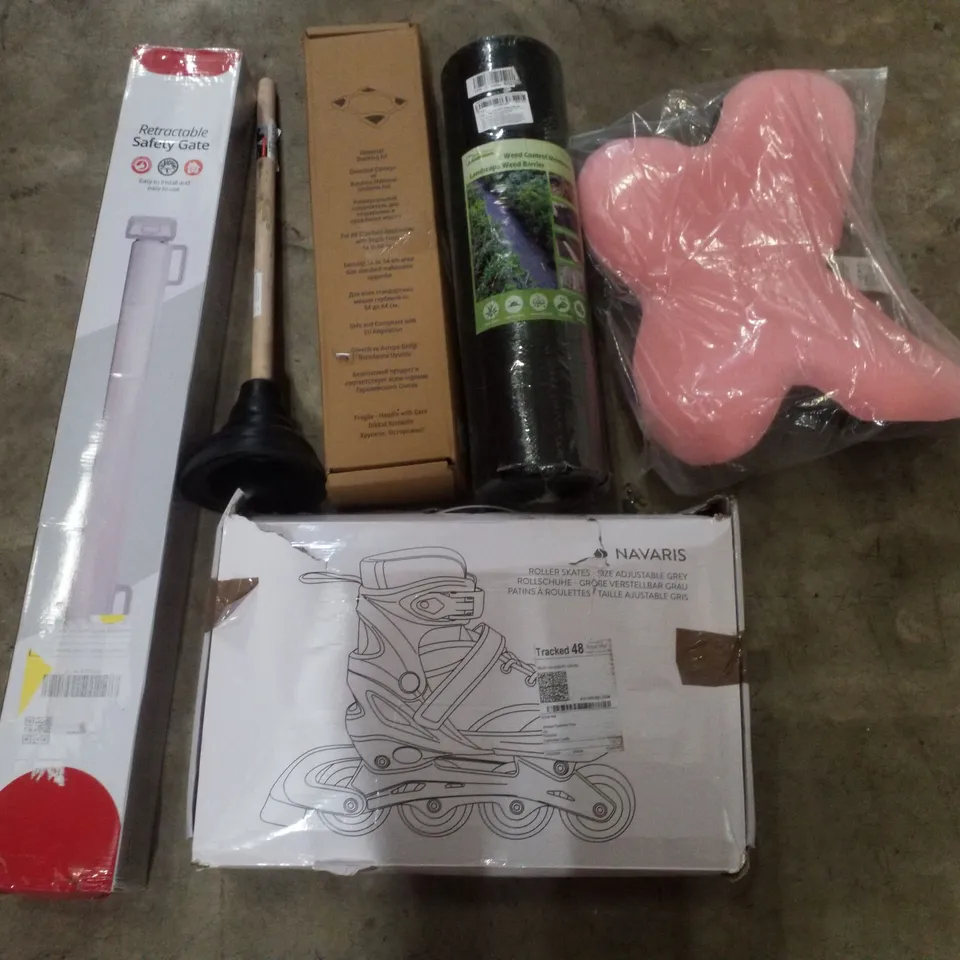 PALLET CONTAINING ASSORTED PRODUCTS INCLUDING ROLLER SKATES, RETRACTABLE SAFTEY GATE, PLUNGER, UNIVERSAL STACKING KIT, LANDSCAPE WEED BARRIER & CHAIR HEADREST