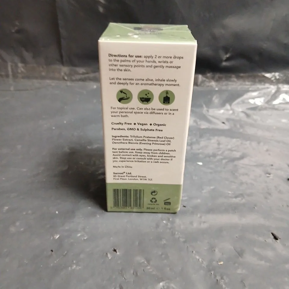 BOX OF APPROXIMATELY 30 SEALED SARROSI MENO THRIVE SETTLE AROMATHERAPY OIL 30ML – RED CLOVER EXTRACT WITH GREEN TEA