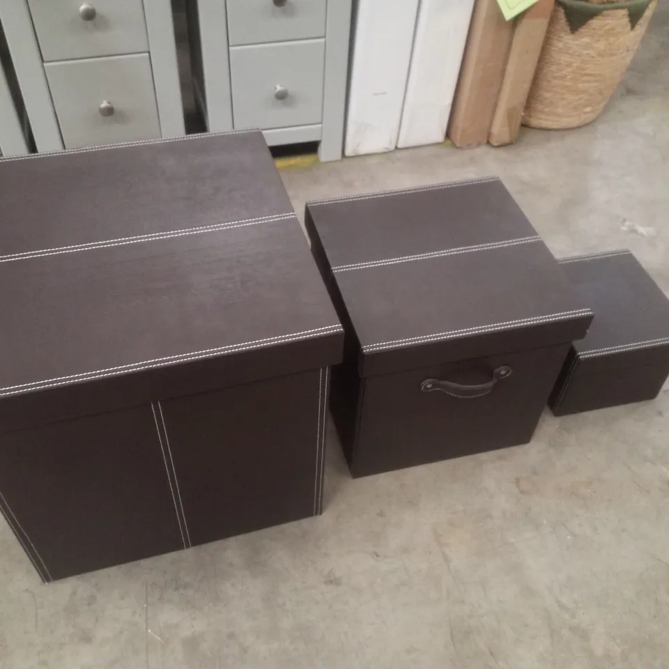 SET OF 3 BROWN VEGAN LEATHER EFFECT STORAGE BOXES