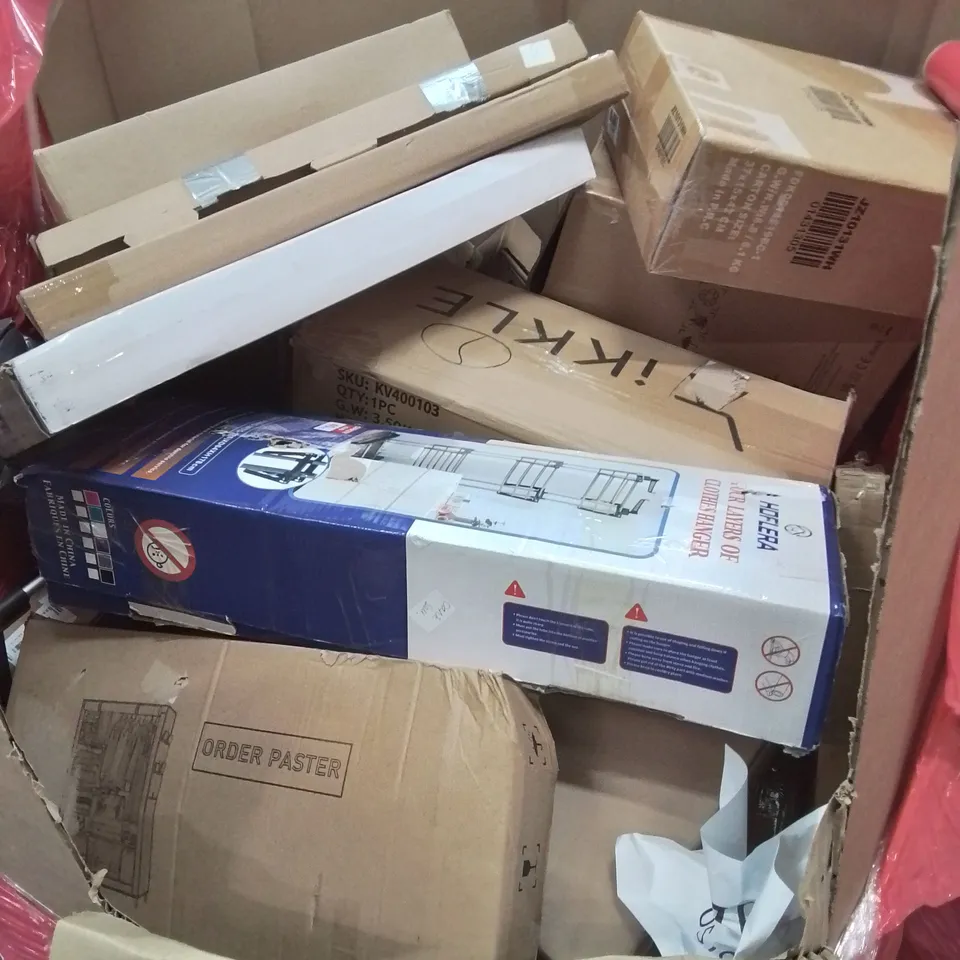PALLET OF ASSORTED HOUSEHOLD GOODS AND PRODUCTS TO INCLUDE; MINI FRIDGE, FABRIC WARDROBE, CLOTHES HANGER, BOXED FURNITURE ETC 