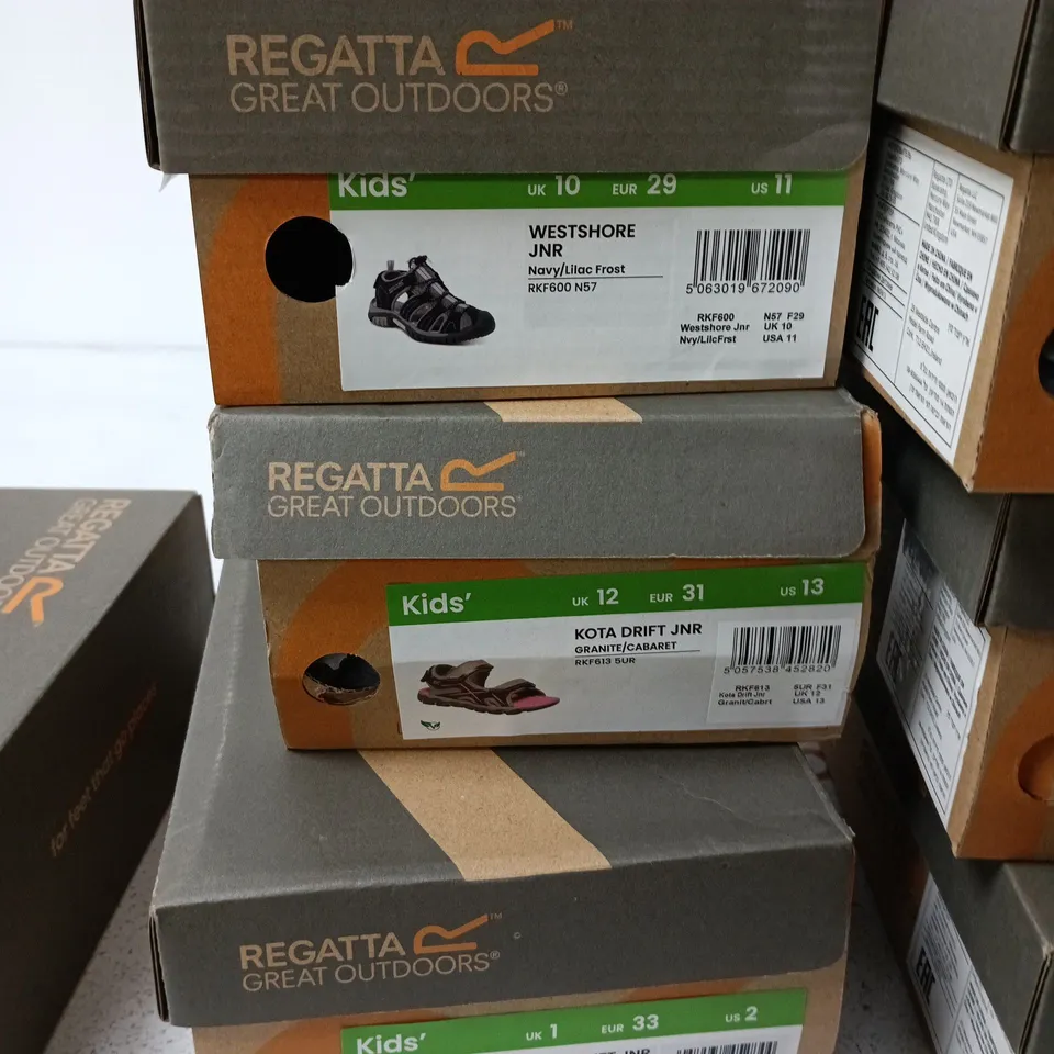 BOX OF APPROXIMATELY 11 PAIRS OF ASSORTED BRAND NEW REGATTA CHILDRENS SHOES INCLUDING KOTA DRIFT JUNIOR AND WESTSHORE JUNIOR