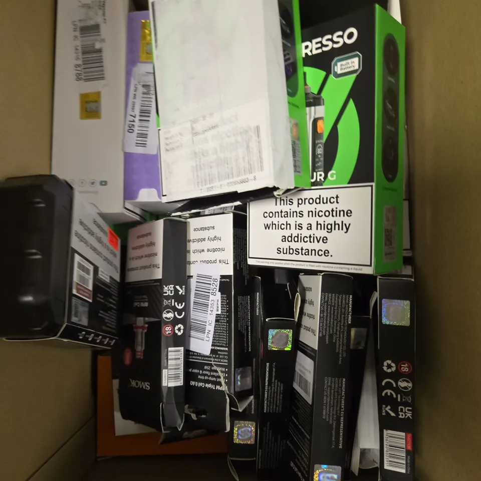 BOX OF APPROXIMATELY 18 ASSORTED E-CIGARATTES TO INCLUDE SMOK, GEEK VAPE, VAPORESSO ETC 