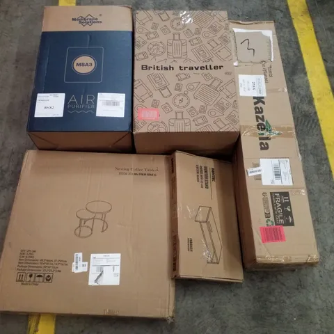 PALLET CONTAINING ASSORTED PRODUCTS INCLUDING AIR PURIFIER, BRITISH TRAVELLER SUITCASE, NESTING COFFEE TABLES, MONITOR STAND & ARTIFICIAL PLANT