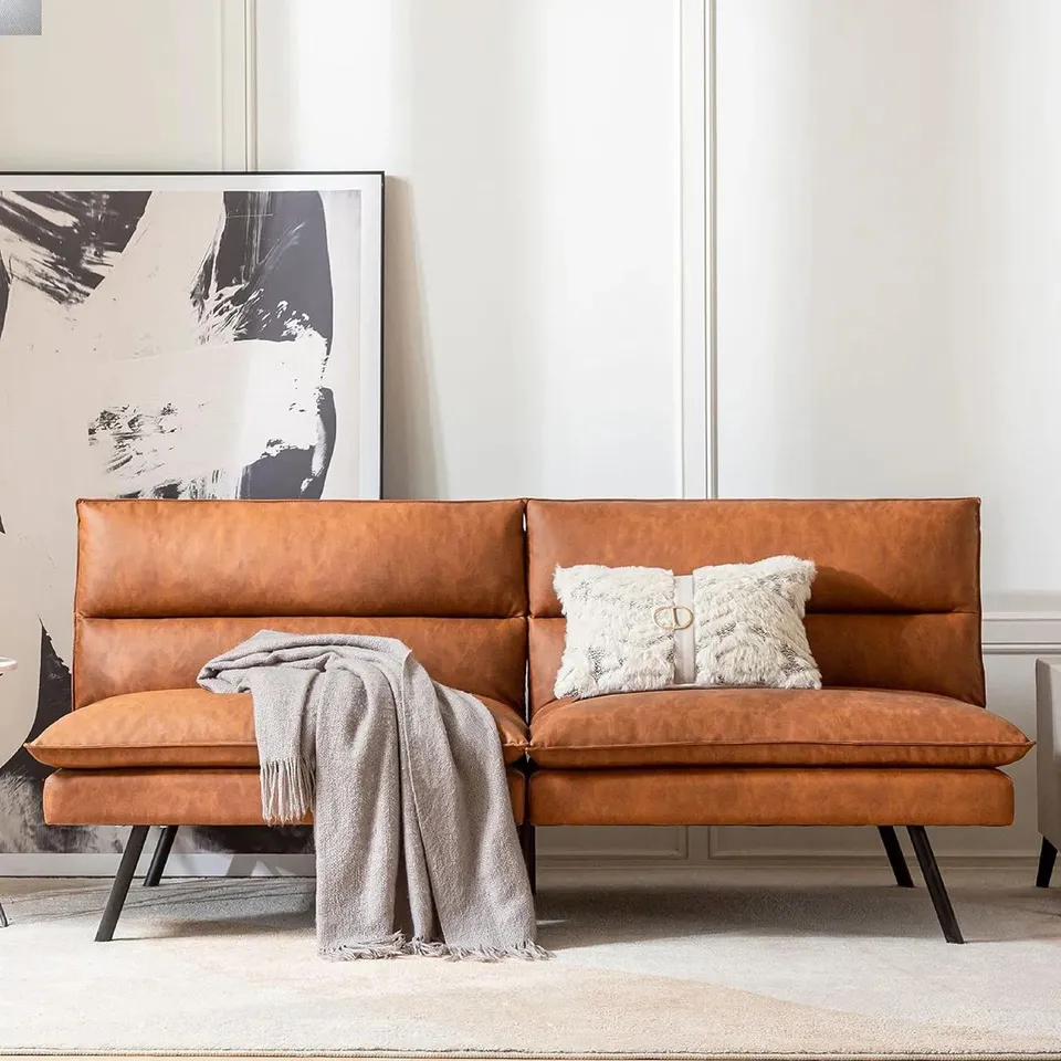 BOXED BROUMOV 3 SEATER UPHOLSTERED SOFA BED - BROWN PU (1 BOX)