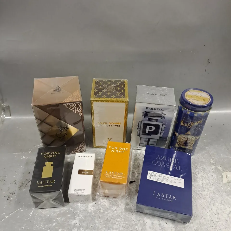 APPROXIMATELY 8 ASSORTED SEALED FRAGRANCES TO INCLUDE - SOLEIL D'OMBRE JACQUES YVES - LASTAR AZURE COASTAL - YODEYAMA LINET - ETC