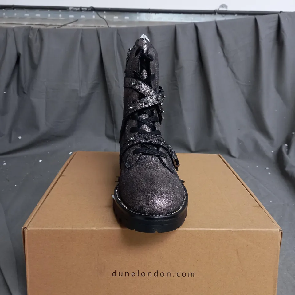 DUNE LONDON EMBELLISHED LEATHER BOOT IN PEWTER - SIZE 8