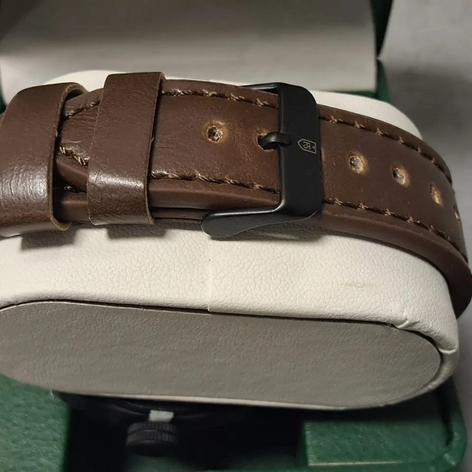 FRANK SCHMIDT STAINLESS STEEL WATCH WITH BLACK BODY AND BROWN LEATHER STRAP 