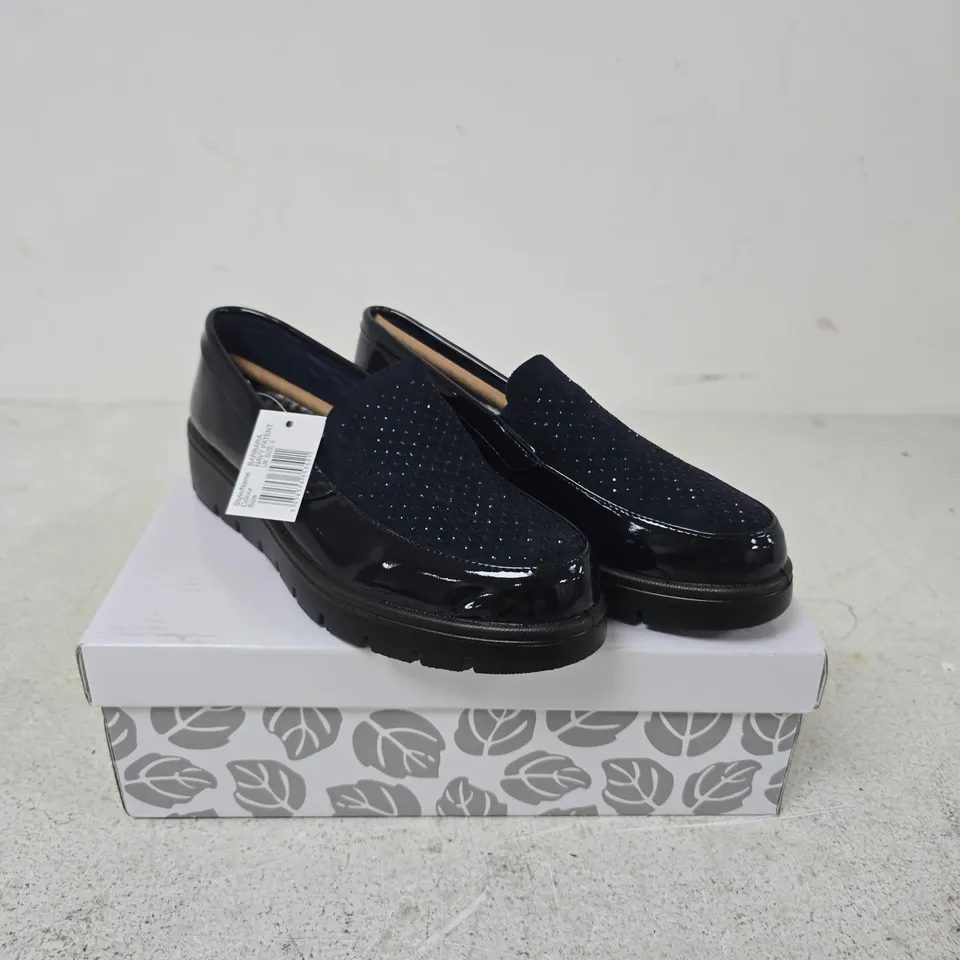 SHOE TREE COMFORT NAVY PATENT SLIP-ON SHOES – UK 3