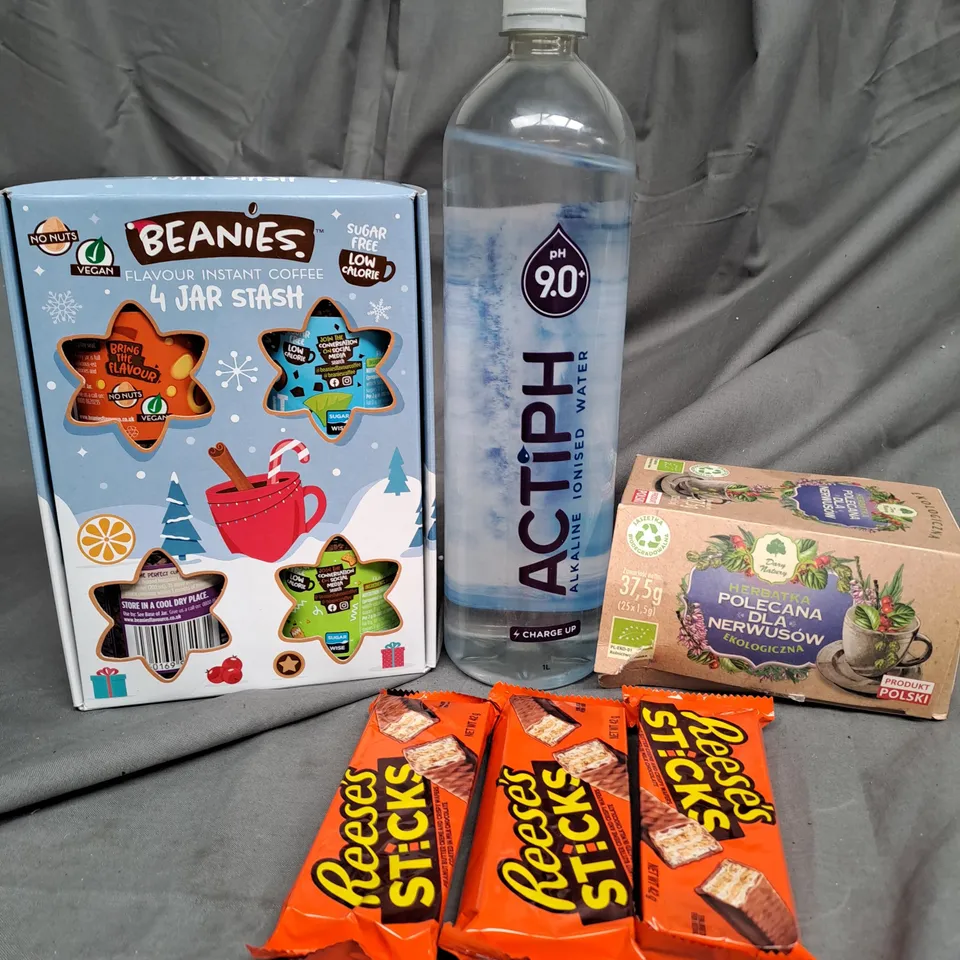 BOX OF APPROXIMATELY 10 ASSORTED ITEMS TO INCLUDE ACTIVPH WATER, REESES STICKS, INSTANT COFFEE ETC