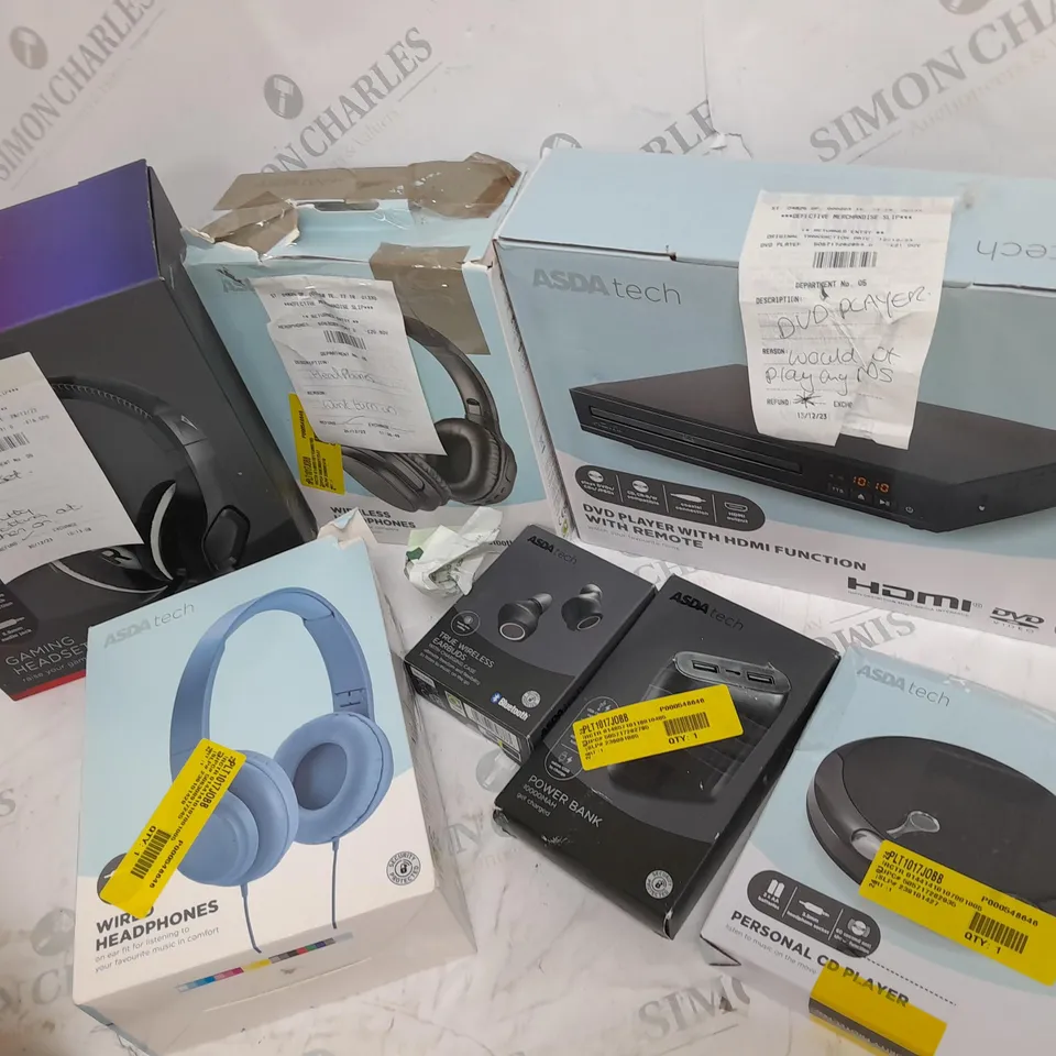  APPROXIMATELY 7 ASSORTED ASDA TECH ITEMS INCLUDING DVD PLAYER WITH HDMI FUNCTION, GAMING HEADSET, BLUETOOTH EARBUDS