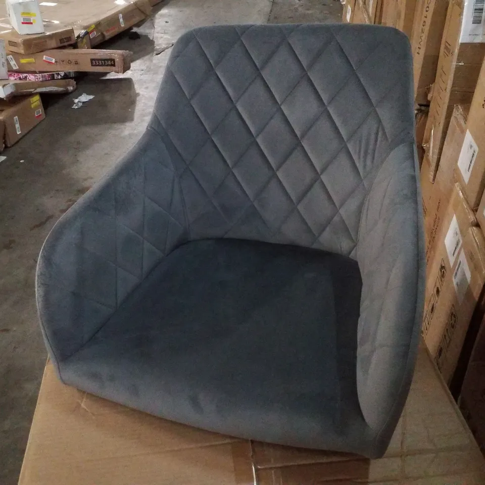 BOXED PAIR OF SOFT VELVET UPHOLSTERED GREY SIDE/DINING CHAIRS.
