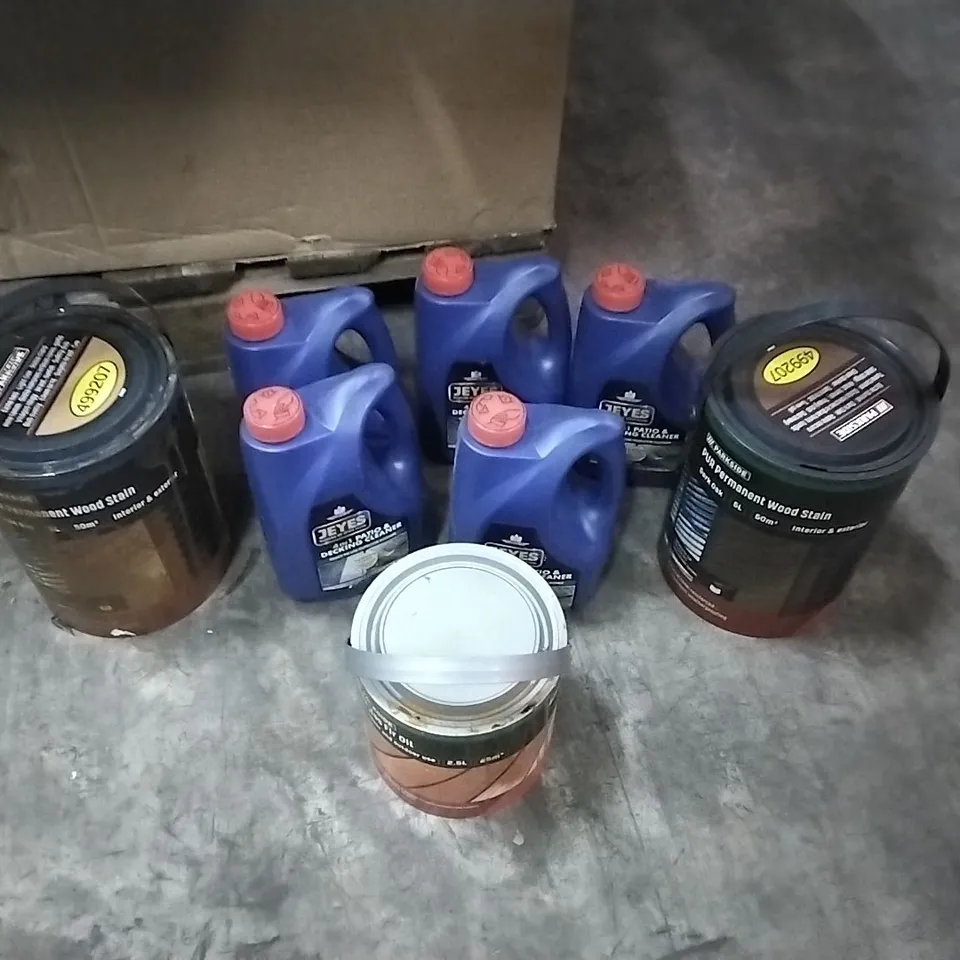 PALLET OF ASSORTED ITEMS TO INCLUDE: WOOD OIL, WOOD STAINERS, DECK CLEANER ETC