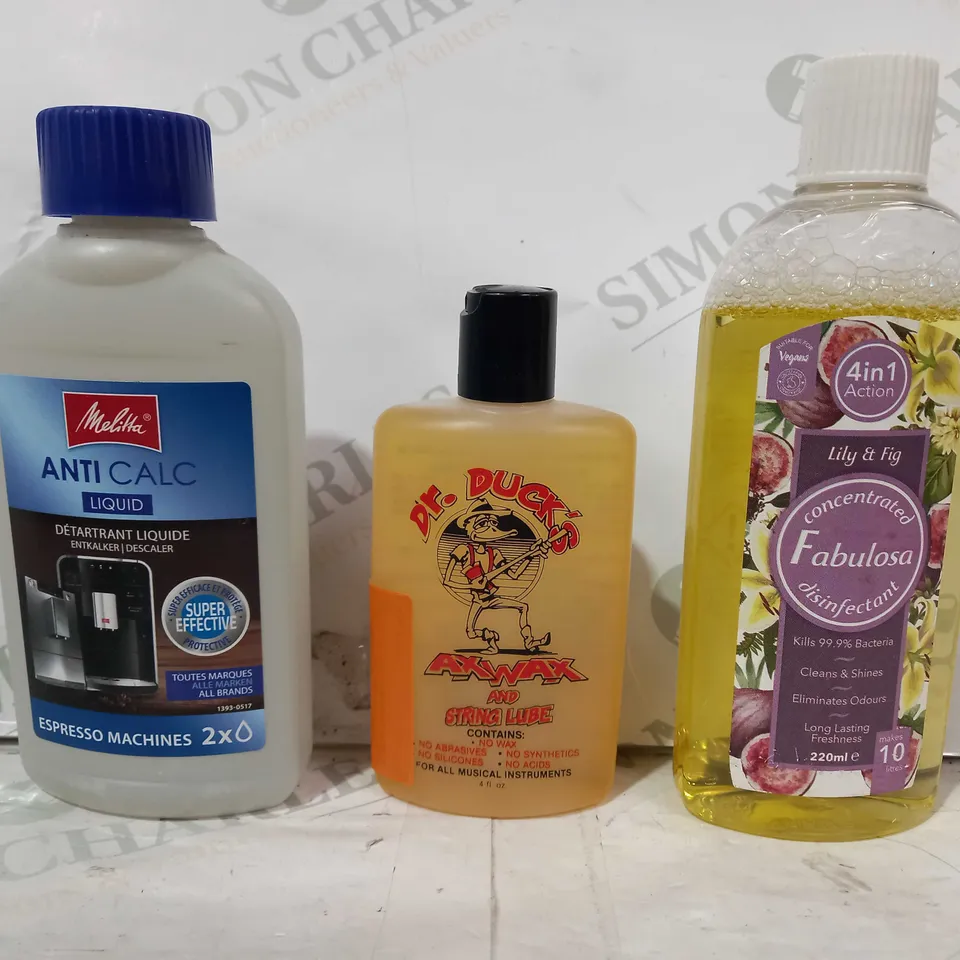 LOT OF APPROXIMATELY 10 ASSORTED HOUSEHOLD ITEMS TO INCLUDE DR. DUCK'S AXWAX AND STRING LUBE, MELITTA ANTI-CALC LIQUID, FABULOSA 4-IN-1 DISINFECTANT, ETC