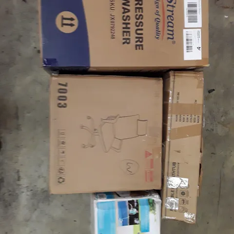 PALLET TO CONTAIN AN ASSORTMENT OF HOUSEHOLD ITEMS TO INCLUDE OFFICE CHAIR, PORTABLE ICE BATH, PRESSURE WASHER AND POOL DRAIN PUMP ECT
